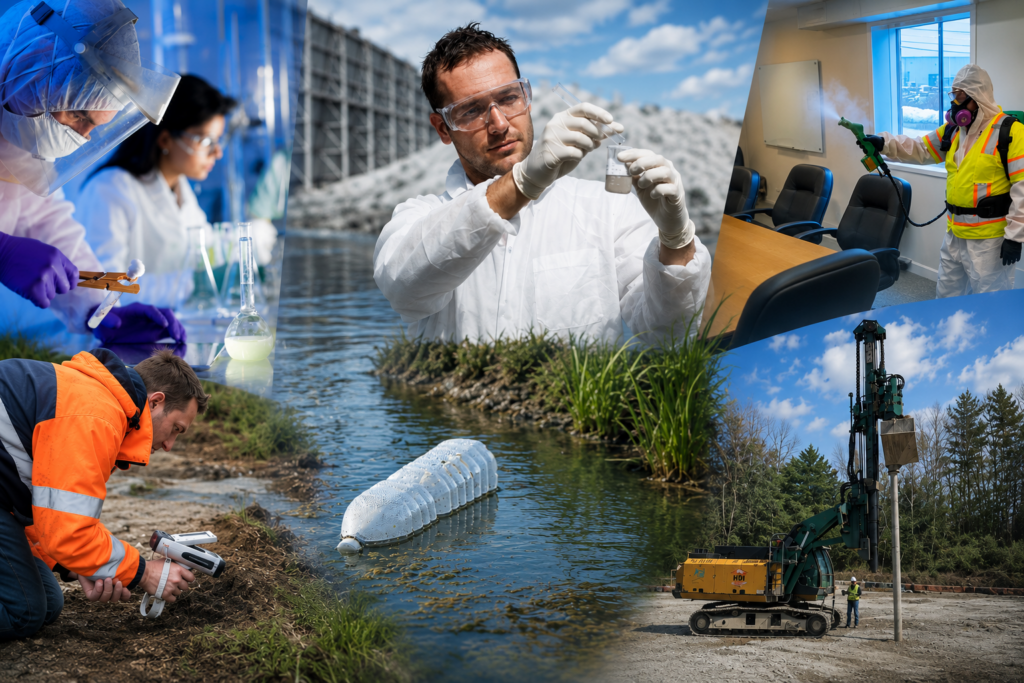 Collage showing environmental scientists, field sampling, geotechnical drilling, laboratory testing, and disinfection services.