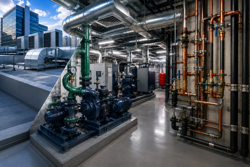 Commercial mechanical room with HVAC equipment, pumps, piping, and building mechanical systems.