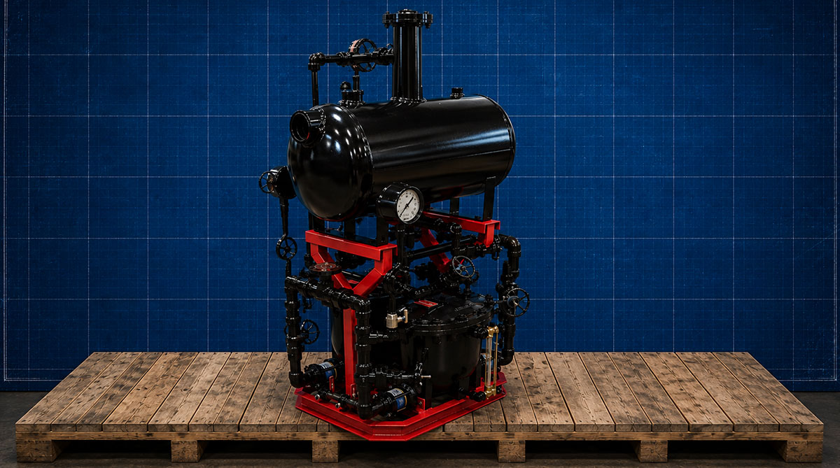 Custom industrial skid system with pressure vessel, valves, piping and controls