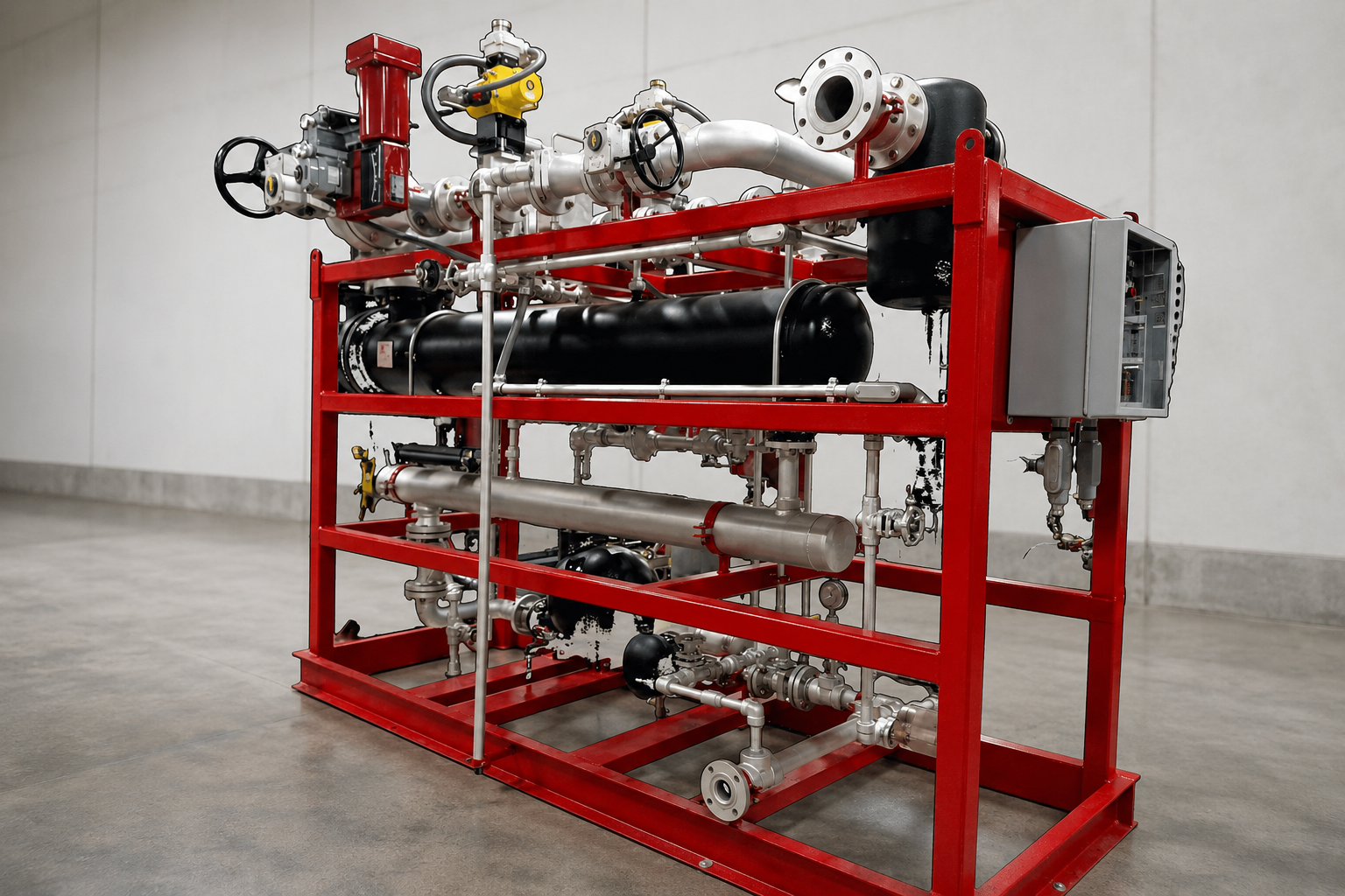 Industrial thermal and steam system skid with piping, valves, and heat transfer equipment